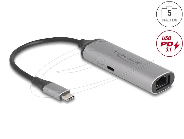 Delock Síťový adaptér USB Type-C, 5 Gigabit LAN, 1 x RJ45 s Power Delivery, PD 3