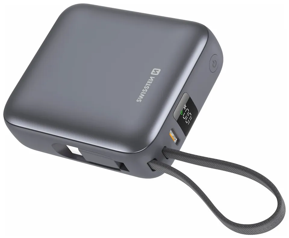 Swissten Power Bank Space 10000 mAh, 35W S Integrovaným Kabelem USB-C Stříbrná