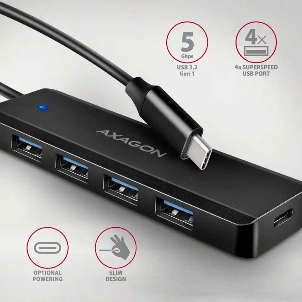 AXAGON HUE-C1C cestovní čtyřportový USB-C 5Gbps hub/USB-C konektor pro externí n