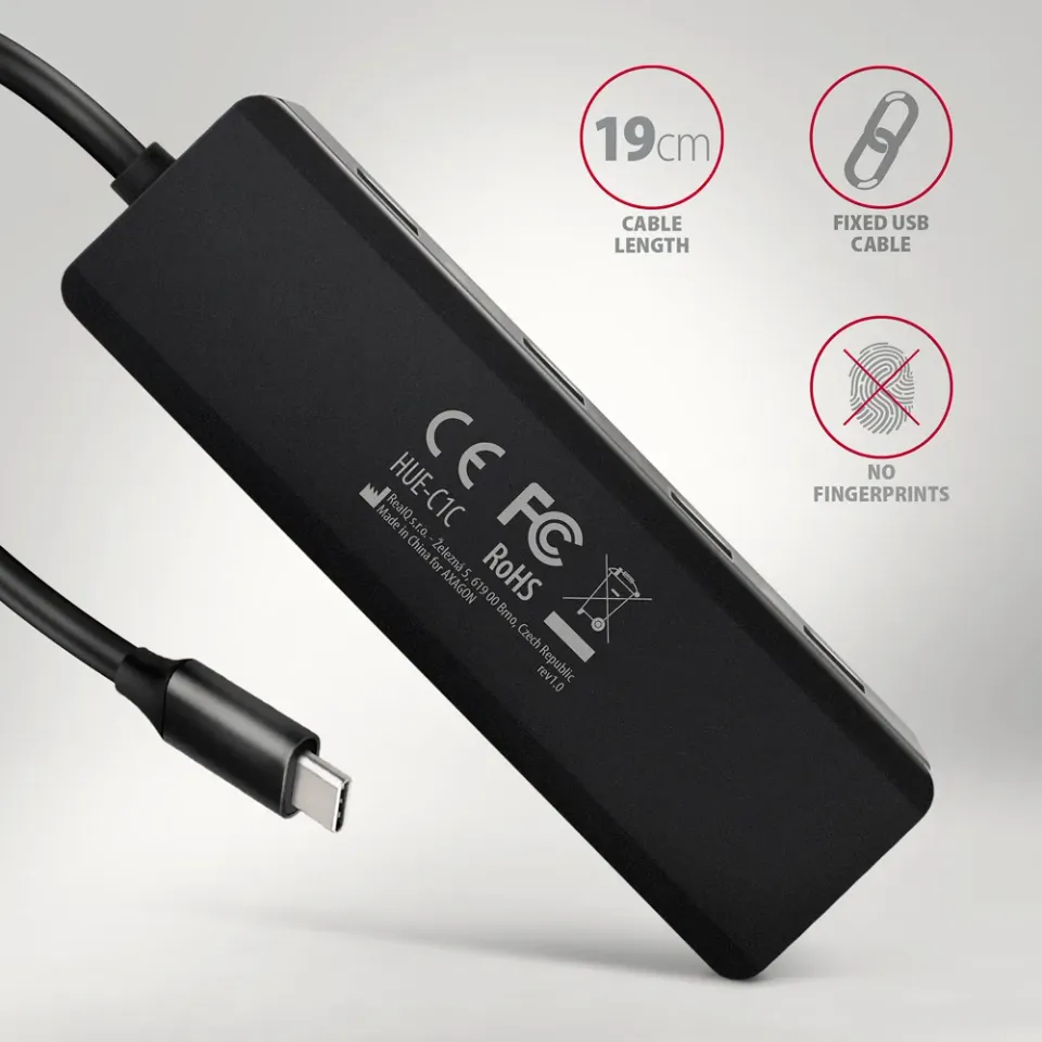 AXAGON HUE-C1C cestovní čtyřportový USB-C 5Gbps hub/USB-C konektor pro externí n