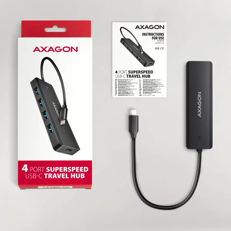AXAGON HUE-C1C cestovní čtyřportový USB-C 5Gbps hub/USB-C konektor pro externí n
