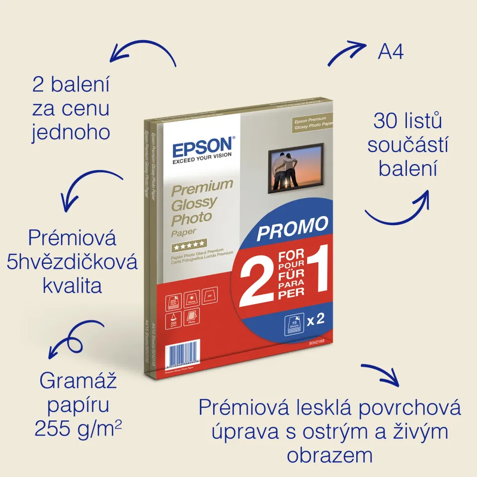 EPSON paper A4 - 255g/m2 - 2x15sheets - photo premium glossy (2 for 1 PROMO)