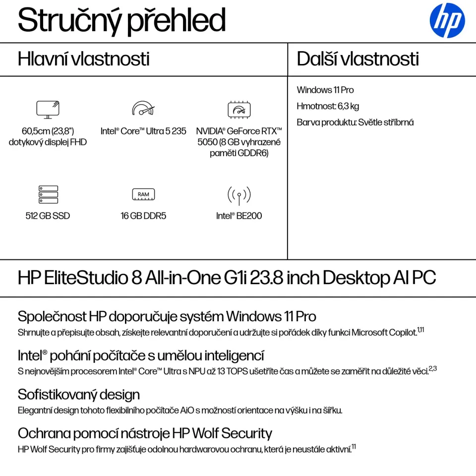 HP AiO EliteStudio 8 G1i 24 T U5 235,1x16GB DDR5,512GB M.2,WiFi7+BT,usb kl. a myš,280W pl.,DP+HDMI+TB4(PD100W),Win11Pro
