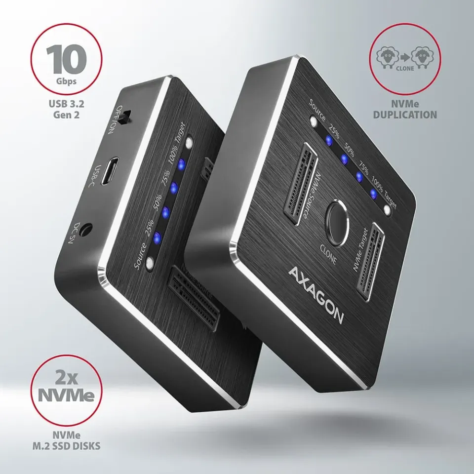AXAGON ADSA M2C, USB-C 10Gbps dokovací stanice pro 2× M.2 NVMe SSD s funkcí klon