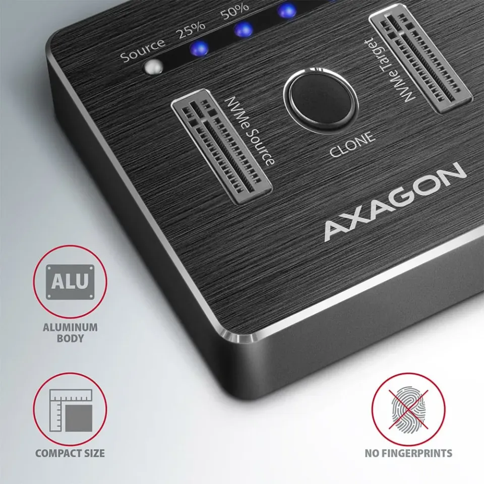 AXAGON ADSA M2C, USB-C 10Gbps dokovací stanice pro 2× M.2 NVMe SSD s funkcí klon