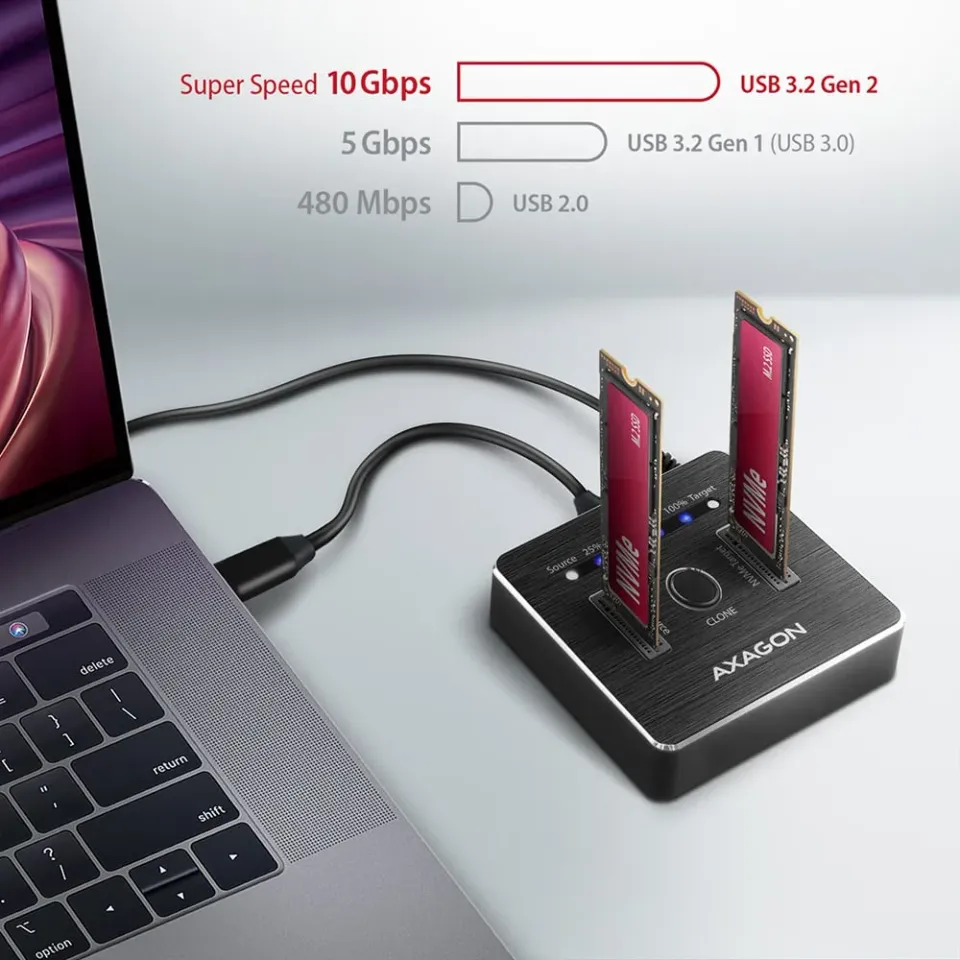 AXAGON ADSA M2C, USB-C 10Gbps dokovací stanice pro 2× M.2 NVMe SSD s funkcí klon