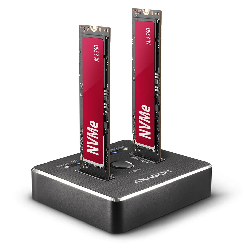 AXAGON ADSA-M2C – dokovací stanice USB-C 10 Gb/s pro 2× M.2 NVMe SSD s offline duplikací disků