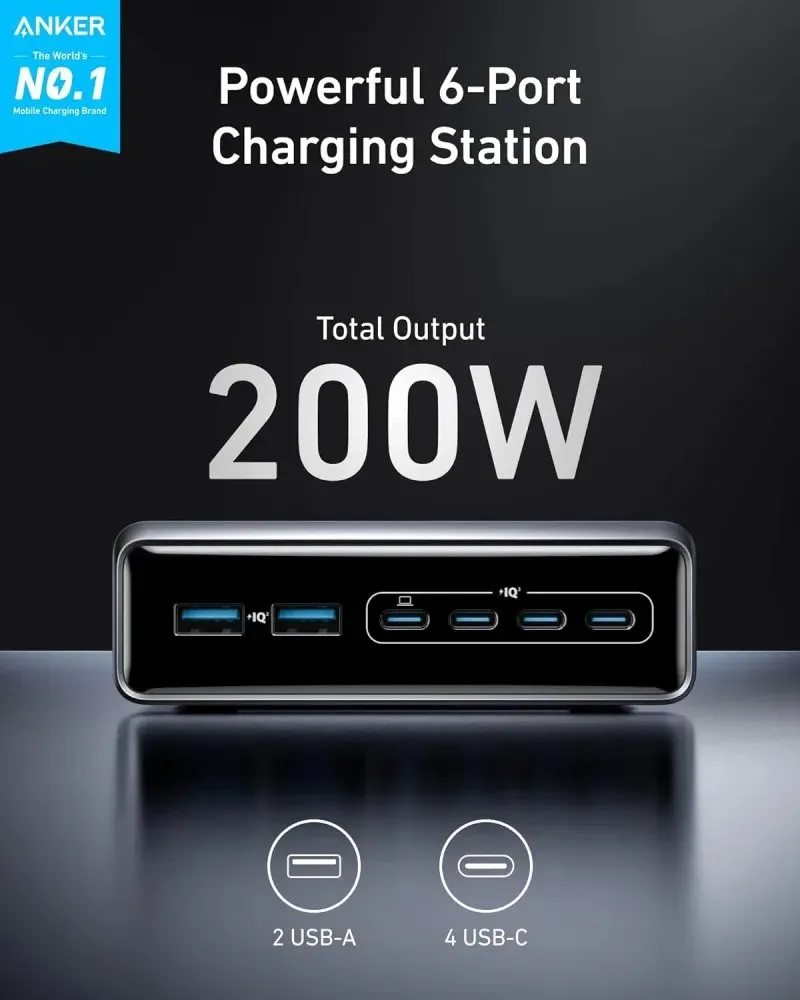 Anker Prime Nabíjecí Základna/ 200W/ 4x USB-C/ 2x USB/ GaN/ stříbrná