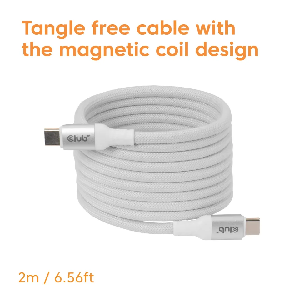 Club3D Kabel magnetický USB-C, 240W PD3.1, 480 Mbps, 2m, bílá