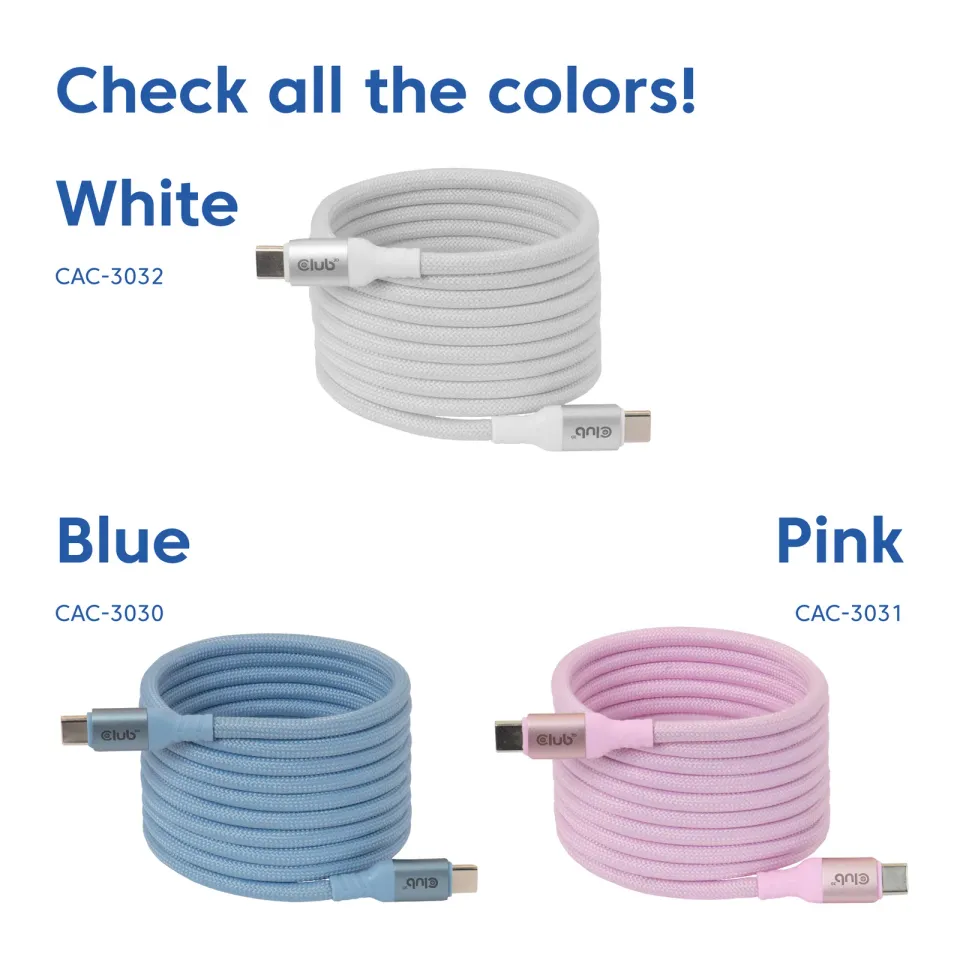 Club3D Kabel magnetický USB-C, 240W PD3.1, 480 Mbps, 2m, bílá
