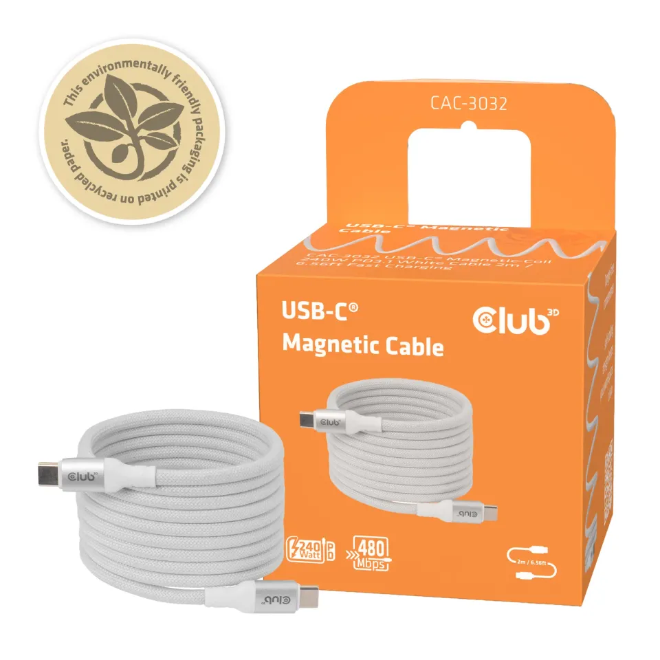 Club3D Kabel magnetický USB-C, 240W PD3.1, 480 Mbps, 2m, bílá