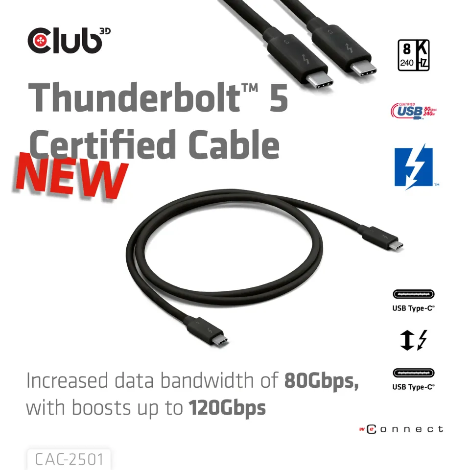 Club3D Kabel Thunderbolt 5, 80/120Gbps, Certifikovaný kabel, 1x 4K540Hz, 2x8K240Hz, PD 240W, 1m