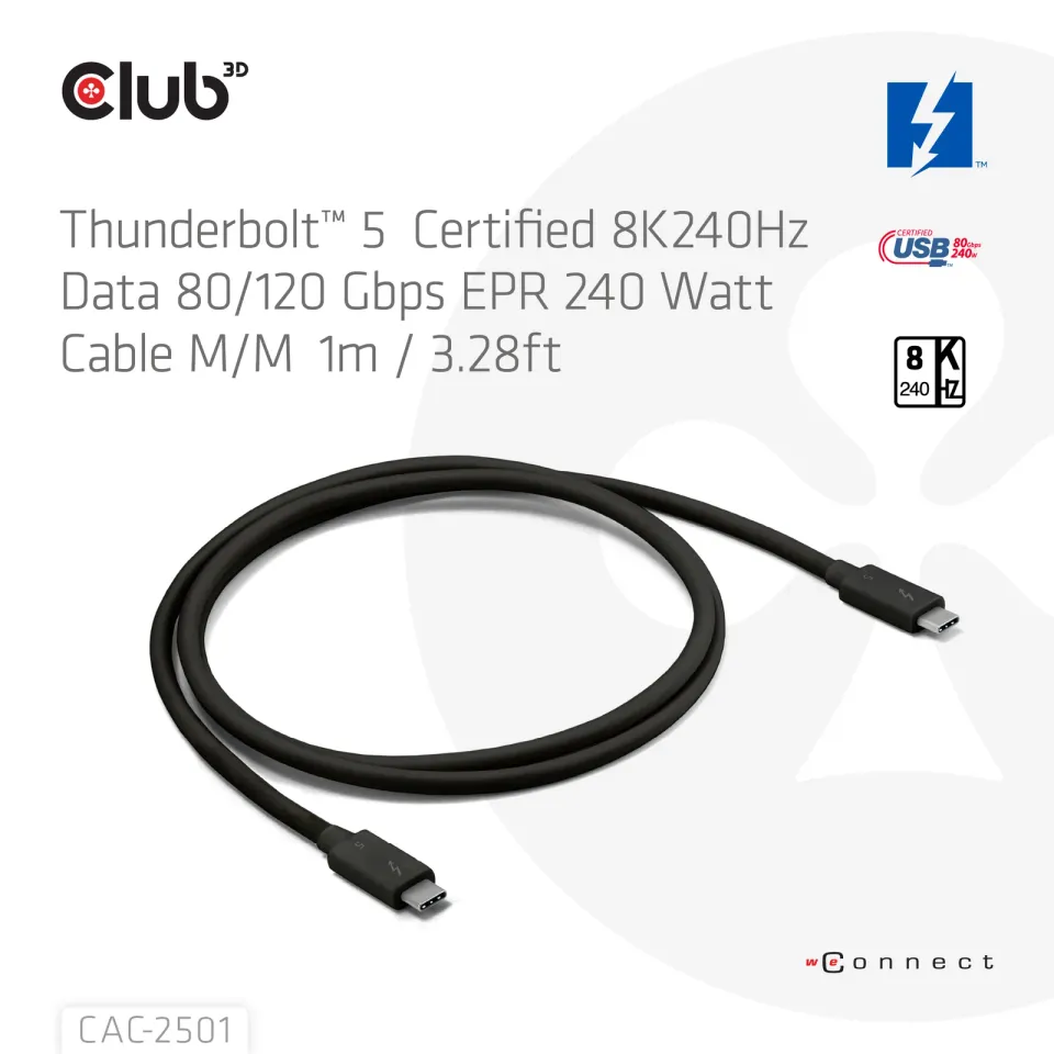 Club3D Kabel Thunderbolt 5, 80/120Gbps, Certifikovaný kabel, 1x 4K540Hz, 2x8K240Hz, PD 240W, 1m