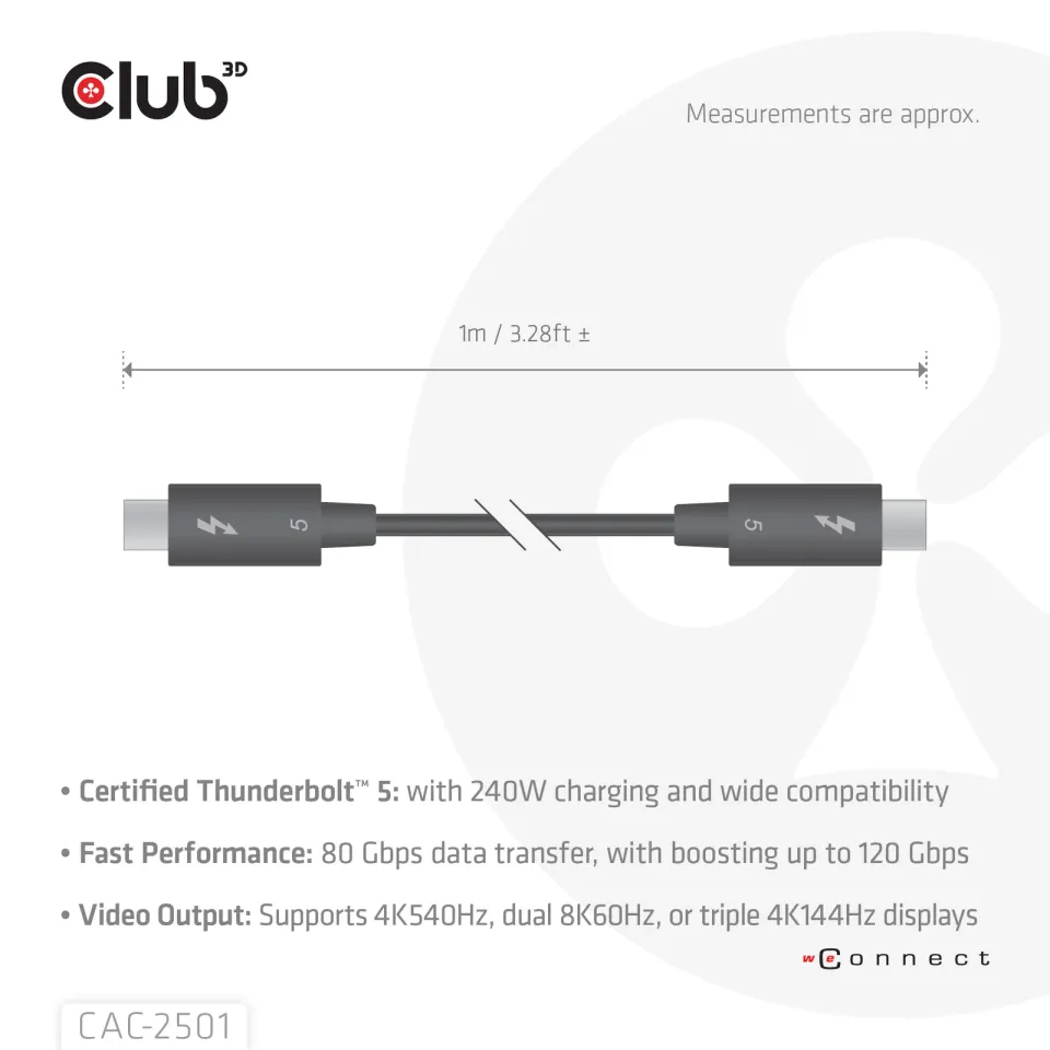 Club3D Kabel Thunderbolt 5, 80/120Gbps, Certifikovaný kabel, 1x 4K540Hz, 2x8K240Hz, PD 240W, 1m