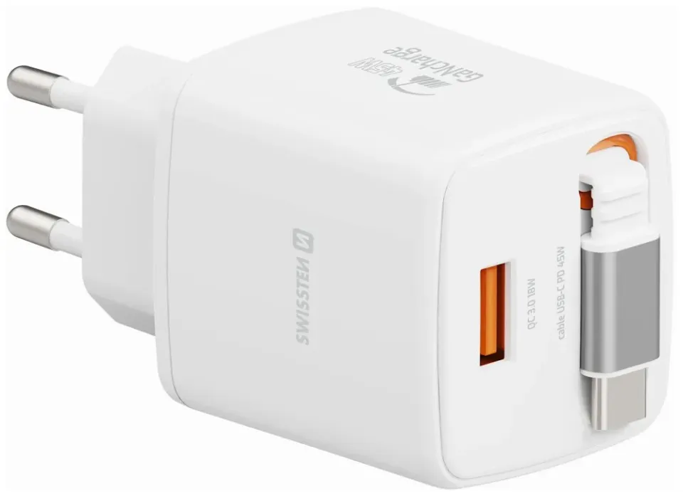 Swissten Síťový Adaptér Slidecharge GaN 45W, 1x USB-A 18W Se Zatahovacím USB-C Kabelem 0,75m Bílý
