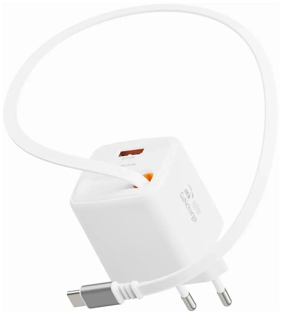 Swissten Síťový Adaptér Slidecharge GaN 45W, 1x USB-A 18W Se Zatahovacím USB-C Kabelem 0,75m Bílý