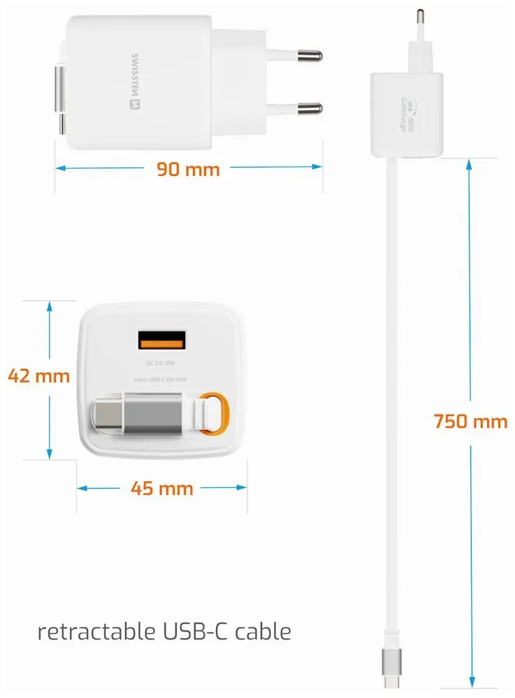 Swissten Síťový Adaptér Slidecharge GaN 45W, 1x USB-A 18W Se Zatahovacím USB-C Kabelem 0,75m Bílý