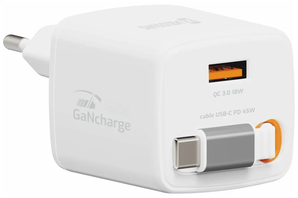 Swissten Síťový Adaptér Slidecharge GaN 45W, 1x USB-A 18W Se Zatahovacím USB-C Kabelem 0,75m Bílý