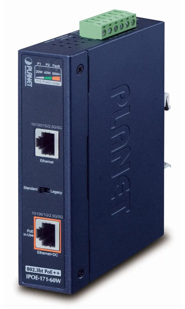Planet IPOE-171-60W PoE injektor IEEE802.3bt, 60W, DIN, IP30, -40~75°C