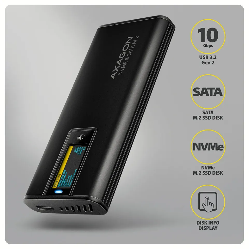 AXAGON EEM2-SD2B, USB-C 10Gbps externí box s displejem pro M.2 NVMe/SATA SSD, be