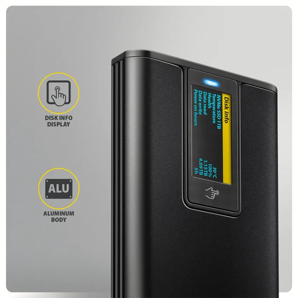 AXAGON EEM2-SD2B, USB-C 10Gbps externí box s displejem pro M.2 NVMe/SATA SSD, be
