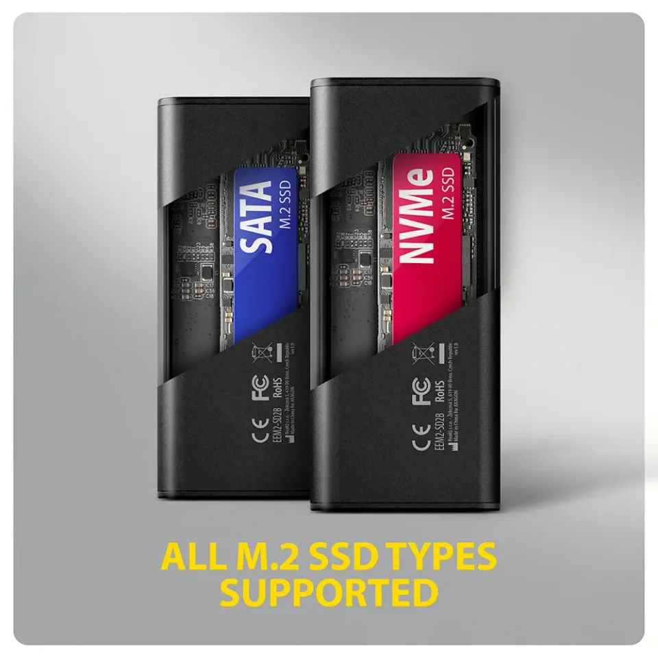 AXAGON EEM2-SD2B, USB-C 10Gbps externí box s displejem pro M.2 NVMe/SATA SSD, be
