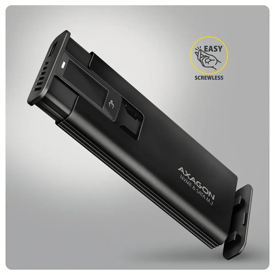AXAGON EEM2-SD2B, USB-C 10Gbps externí box s displejem pro M.2 NVMe/SATA SSD, be
