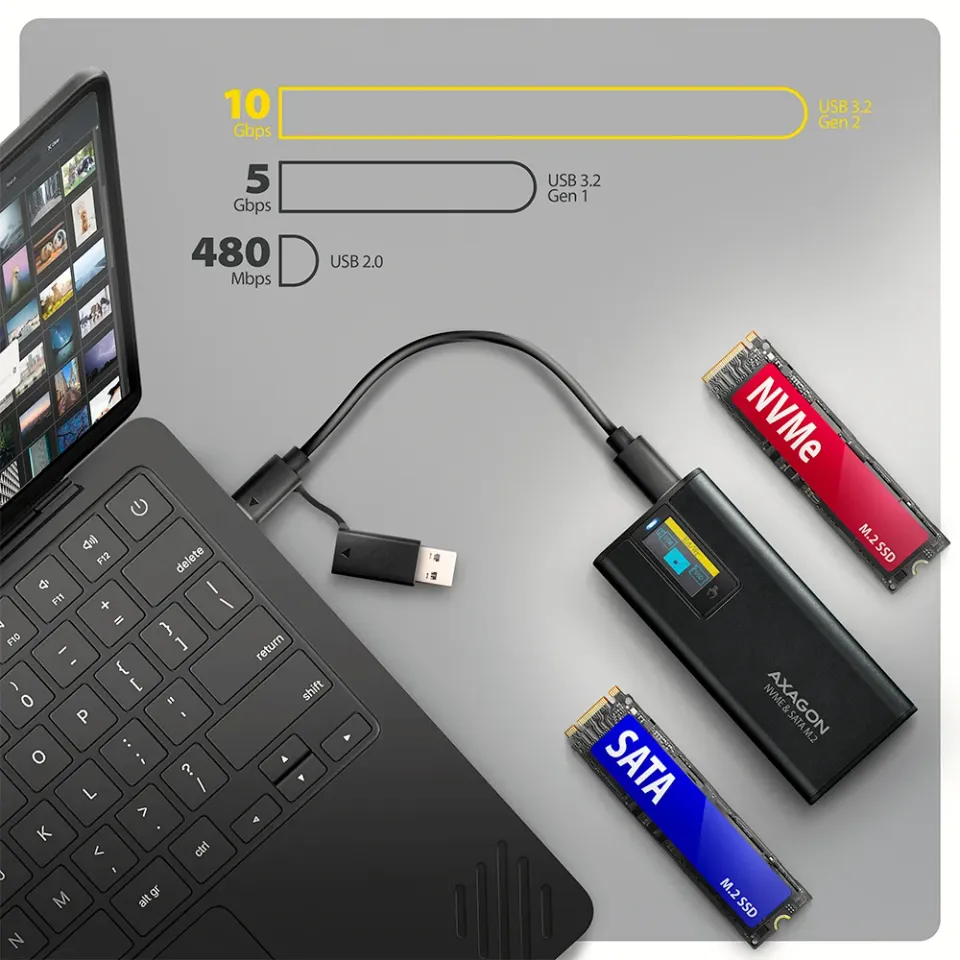 AXAGON EEM2-SD2B, USB-C 10Gbps externí box s displejem pro M.2 NVMe/SATA SSD, be
