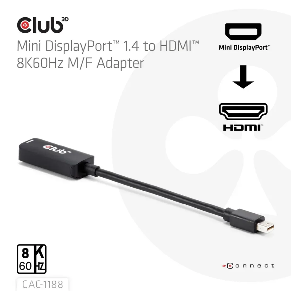 Club3D Adaptér miniDP 1.4 na HDMI, 4K120Hz nebo 8K60Hz HDR10+, M/F, 9cm