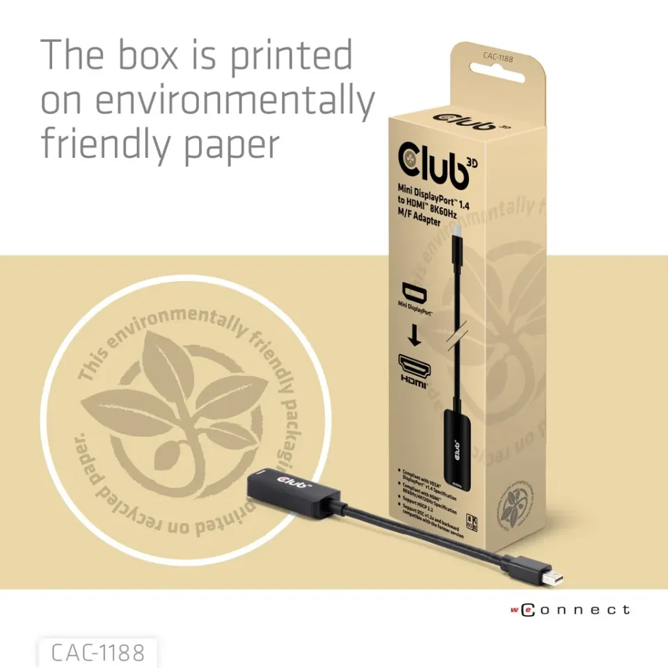 Club3D Adaptér miniDP 1.4 na HDMI, 4K120Hz nebo 8K60Hz HDR10+, M/F, 9cm