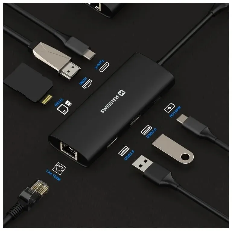 Swissten usb-c hub 8-in-1 (usb-c 100w, hdmi 4k, lan rj45, 2x usb-a, 1x usb-c 5gbps, sd, micro sd) aluminium