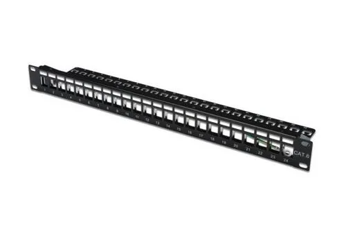 PATCH PANEL 19" neosazený, stíněný, 1U, 24 portů, černý RAL 9005