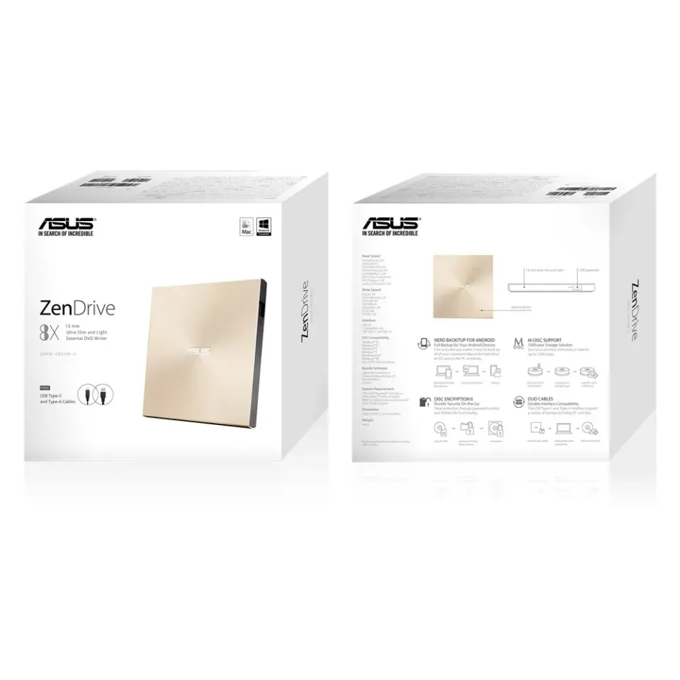 ASUS DVD ZenDrive SDRW-08U9M-U GOLD, External Slim DVD-RW, USB Type-C/Type-A, M-DISC