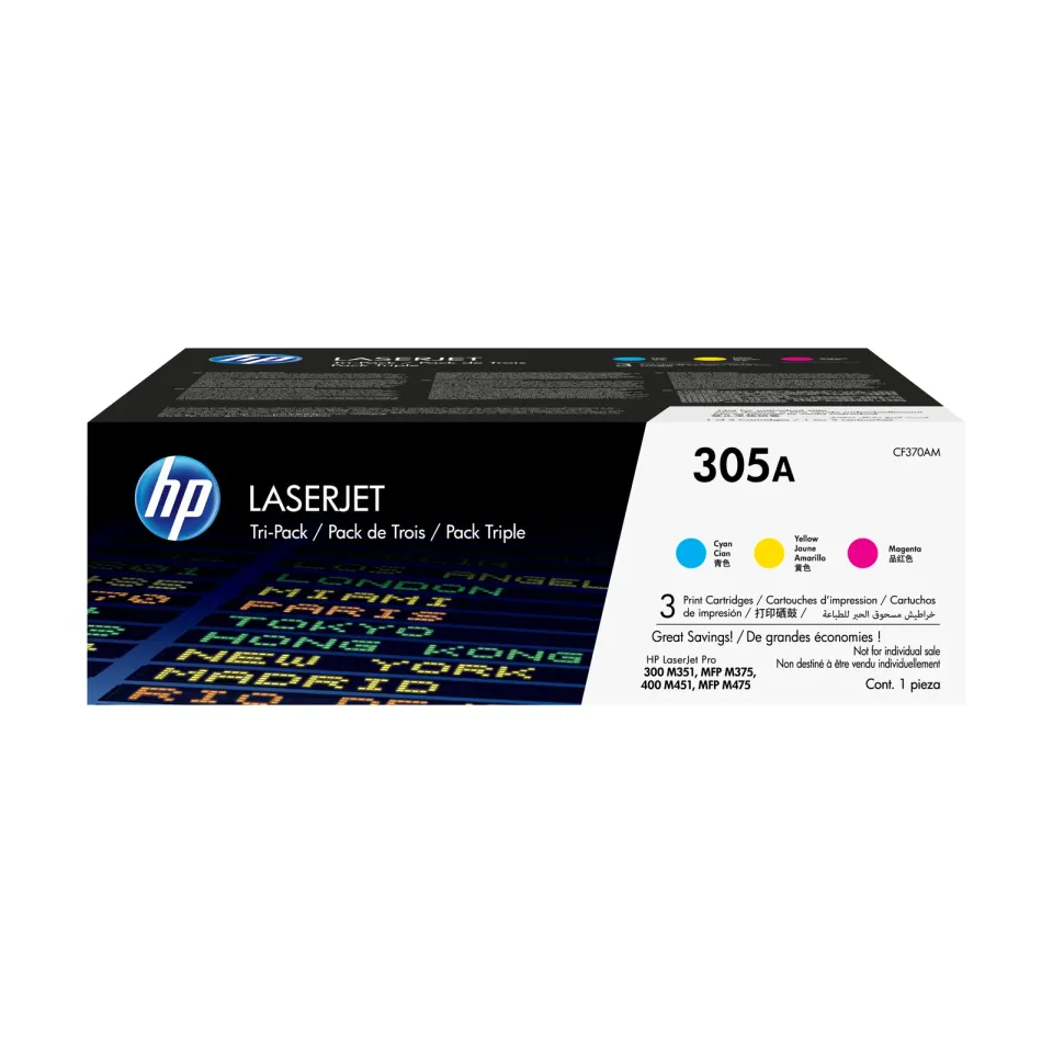 HP CF370AM = 3pack originální toner č.305A CMY azurový+purpurový+žlutý cca 2600 stran (CB411A+CB412A+CB413A, pro CLJ M475, M451