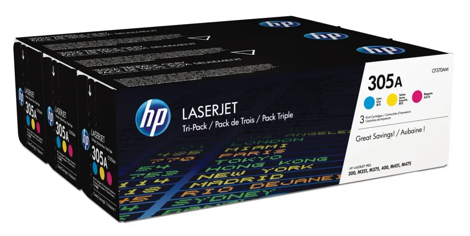 HP CF370AM = 3pack originální toner č.305A CMY azurový+purpurový+žlutý cca 2600 stran (CB411A+CB412A+CB413A, pro CLJ M475, M451
