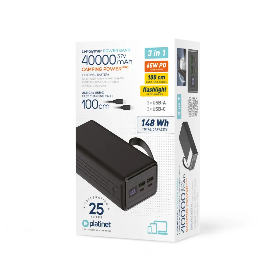 Platinet Powerbanka 40000 mAh 65W Power Delivery, 2xUSB-C, 2xUSB-A, kabel USB-C 1m, černá