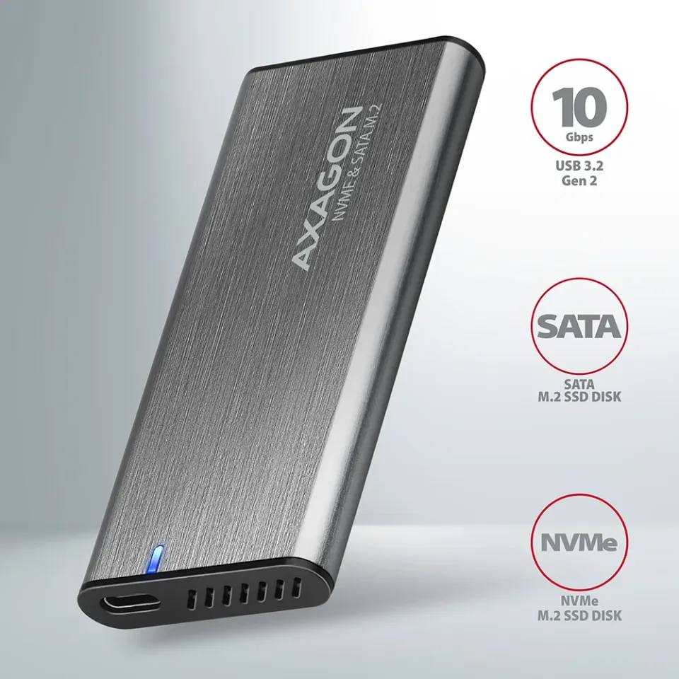 AXAGON EEM2-SG2, USB-C 3.2 Gen 2 - M.2 NVMe & SATA SSD kovový RAW box, bezšroubk