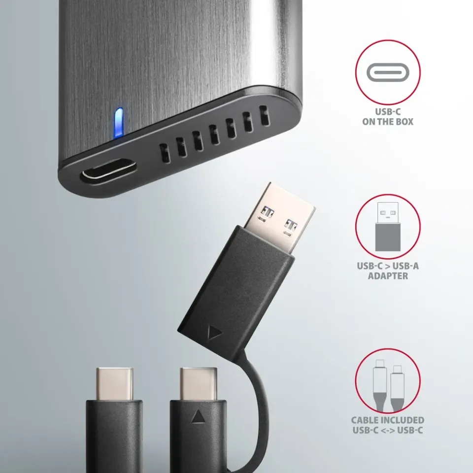 AXAGON EEM2-SG2, USB-C 3.2 Gen 2 - M.2 NVMe & SATA SSD kovový RAW box, bezšroubk