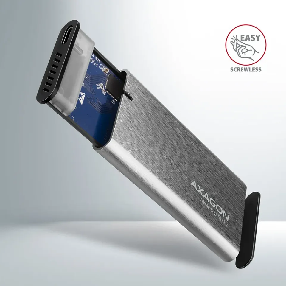 AXAGON EEM2-SG2, USB-C 3.2 Gen 2 - M.2 NVMe & SATA SSD kovový RAW box, bezšroubk