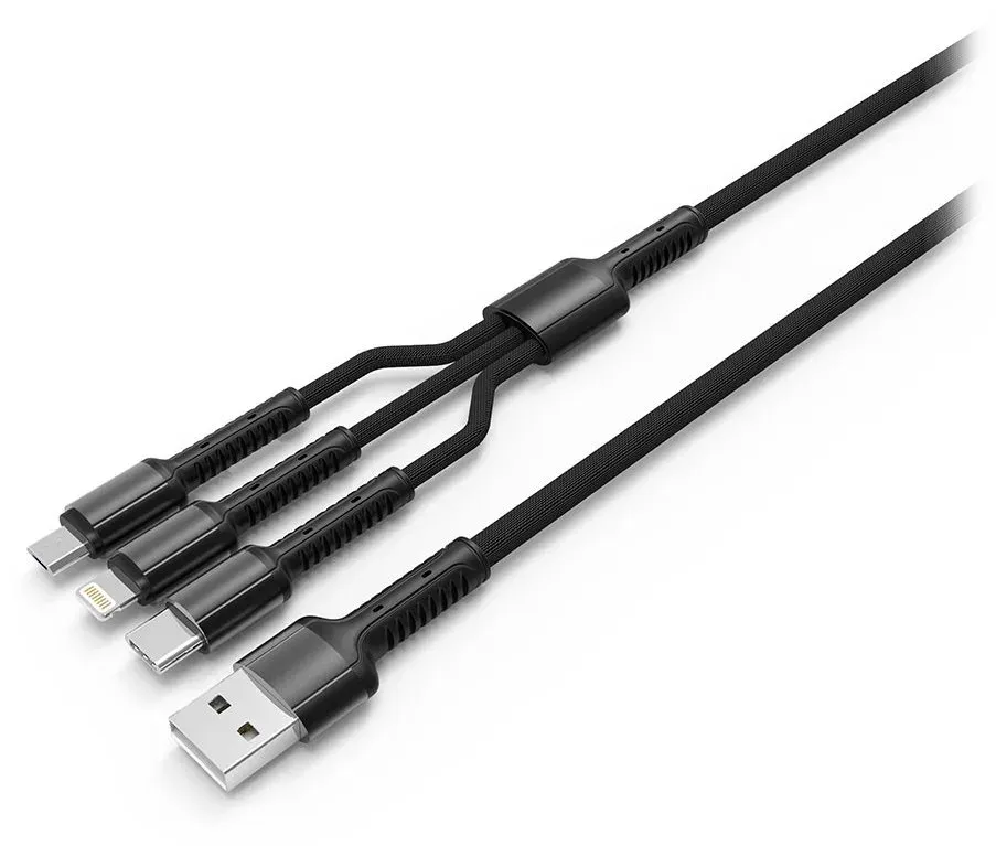 Colorway Nabíjecí Kabel 3v1 Lightning+MicroUSB+USB-C/ 4A/ Nylon/ 1,2m/ Šedivý