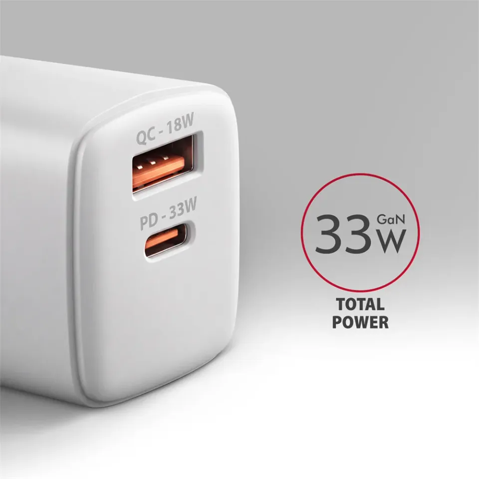 AXAGON ACU-PQ33W, GaN nabíječka do sítě 33W, USB-A + USB-C, PD3.0/PPS/QC4+/SFC2.0/Apple, bílá
