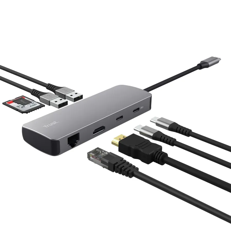 TRUST Dokovací stanice DALYX USB-C, 8v1, HDMI, RJ45, 2xUSB-C, 2xUSB-A, microSD/SD karta, šedá