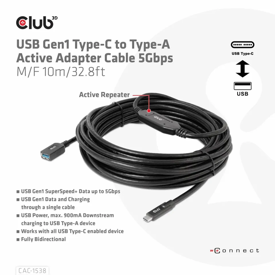 Club3D Kabel USB-C na USB-A, Aktivní adaptér/kabel, 5 Gbps (M/F), 10m