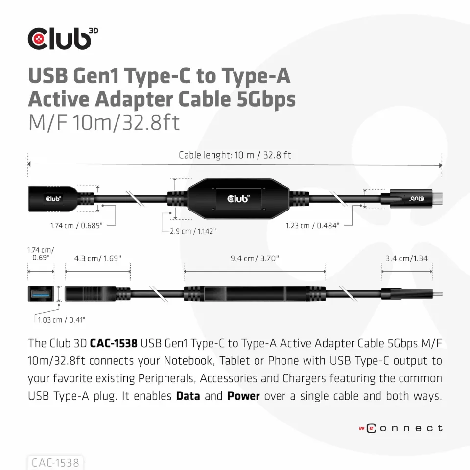 Club3D Kabel USB-C na USB-A, Aktivní adaptér/kabel, 5 Gbps (M/F), 10m