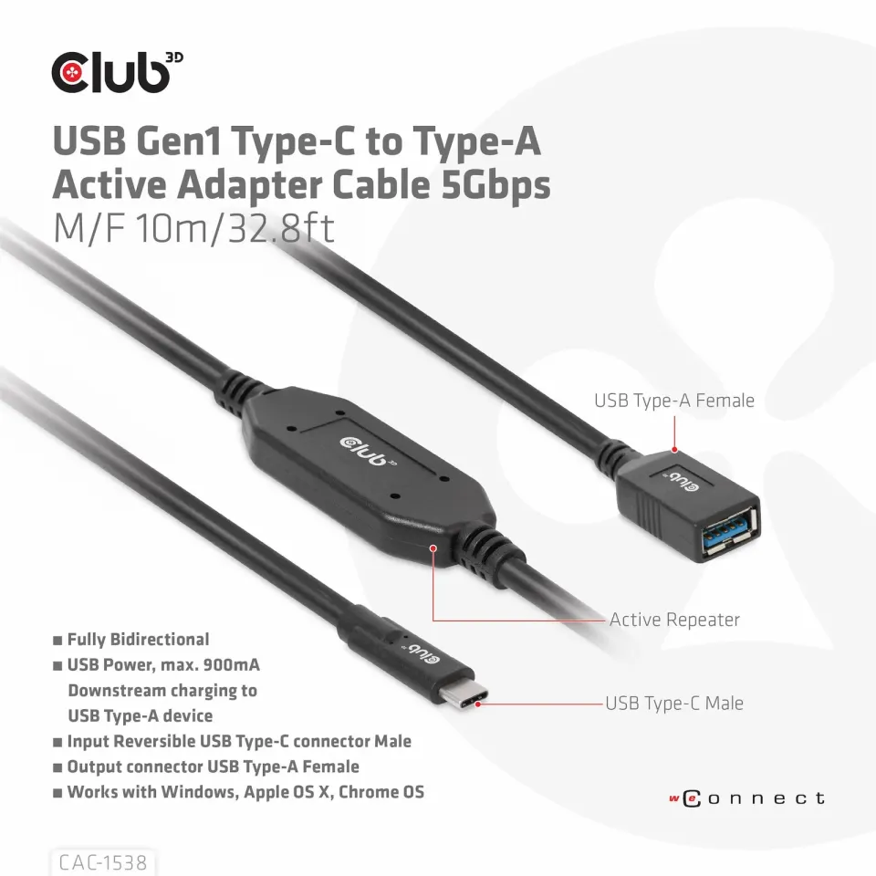Club3D Kabel USB-C na USB-A, Aktivní adaptér/kabel, 5 Gbps (M/F), 10m