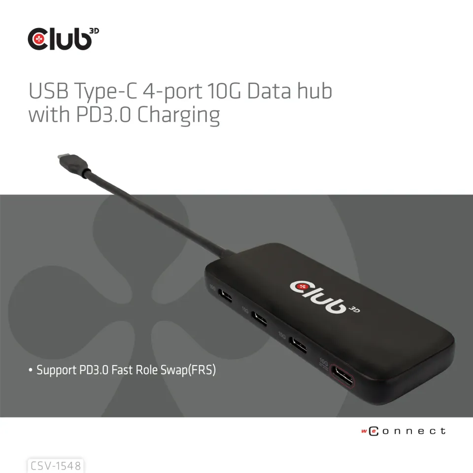 Club3D hub 1xUSB-C na 4xUSB-C, 10Gbps port, PD 3.0