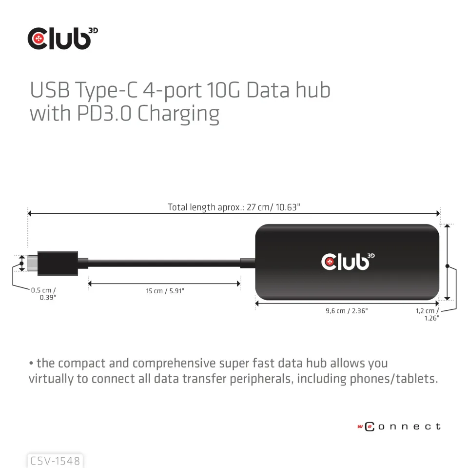 Club3D hub 1xUSB-C na 4xUSB-C, 10Gbps port, PD 3.0