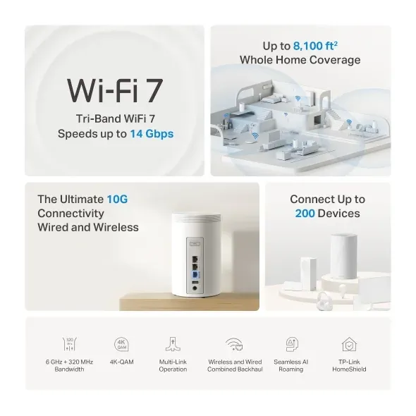 TP-Link Deco BE68(1-pack) Třípásmový Wi-Fi 7 mesh systém BE14000 pro celou domác