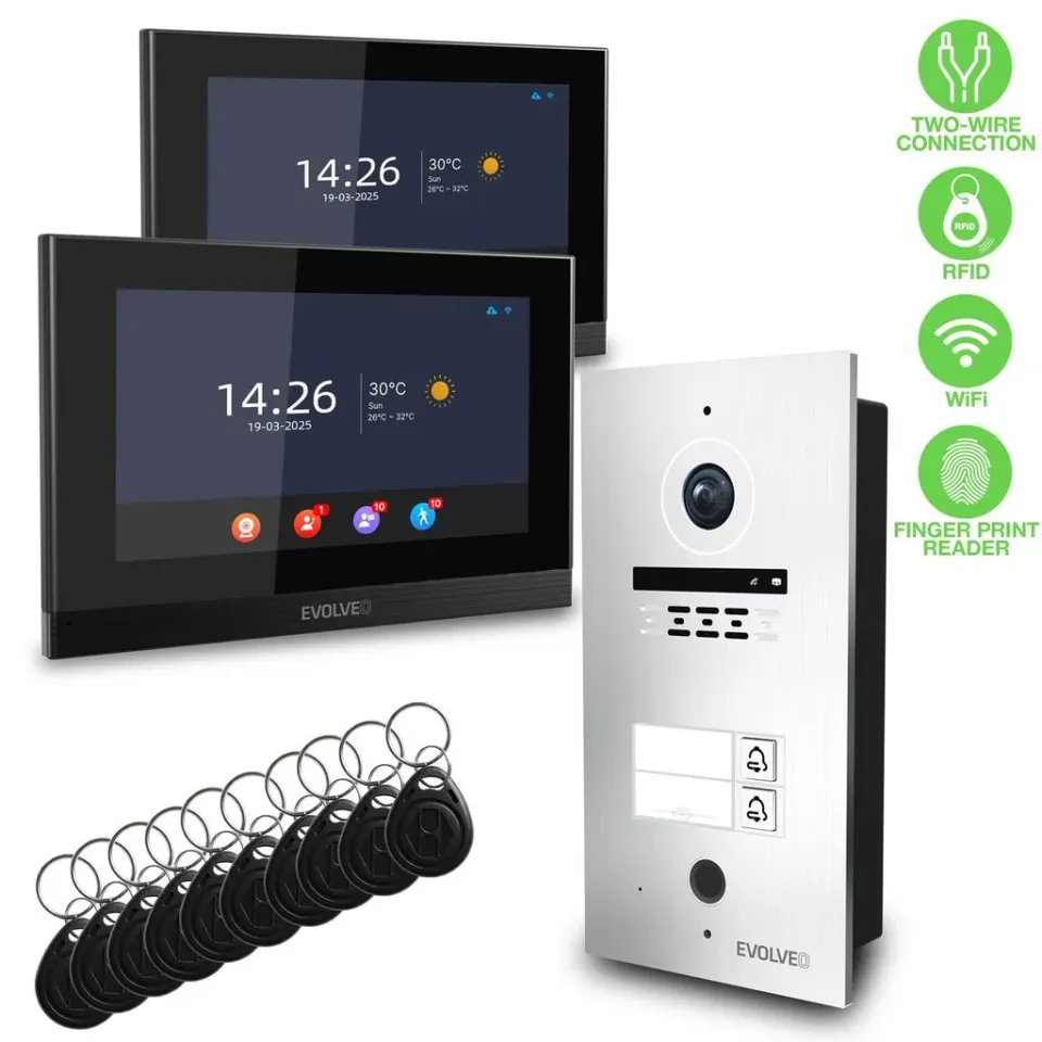 EVOLVEO DoorPhone ID-2, 2drátový videotelefon pro dva byty s RFID, otiskem prstu