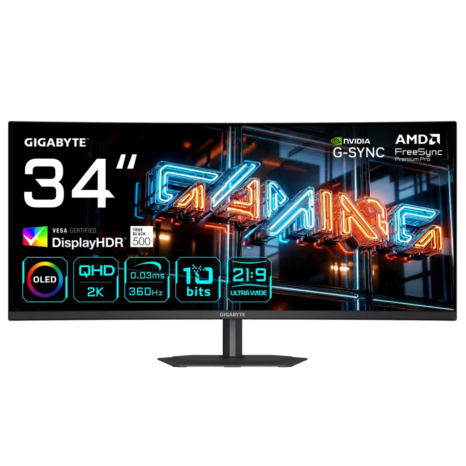 GIGABYTE LCD - 34" Gaming monitor MO34WQC36, OLED, 3440 x 1440 QHD, 360Hz, 1.5M:1, 300cd/m2, 0.03ms, 2xHDMI, 1xDP